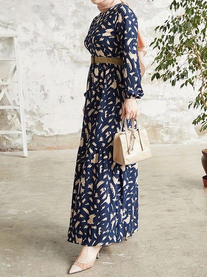 Allover Print Crew Neck Modest Dress, Elegant Long Sleeve Maxi Dress For Spring & Fall, Women's Clothing - NEXTRENDBAHRAIN