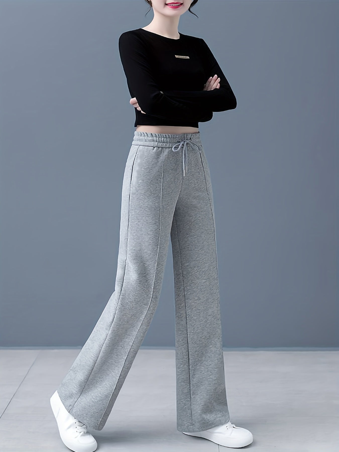 Women's High-Waist Straight-Leg Pants in Solid Color - Comfortable Polyester, Machine Washable, Casual Wide-Leg Design for All Seasons NEXTRENDBAHRAIN