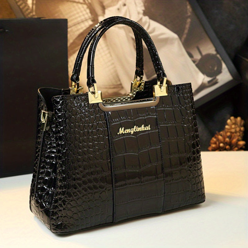 Vintage Crocodile Pattern Tote Bag, Luxury Top Handle Satchel, Women's Casual Handbag & Purse - NEXTRENDBAHRAIN