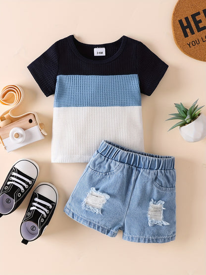 Baby Boys 2-Piece Set, Striped Short Sleeve T-Shirt & Ripped Denim Shorts, Casual Summer Outfit - NEXTRENDBAHRAIN