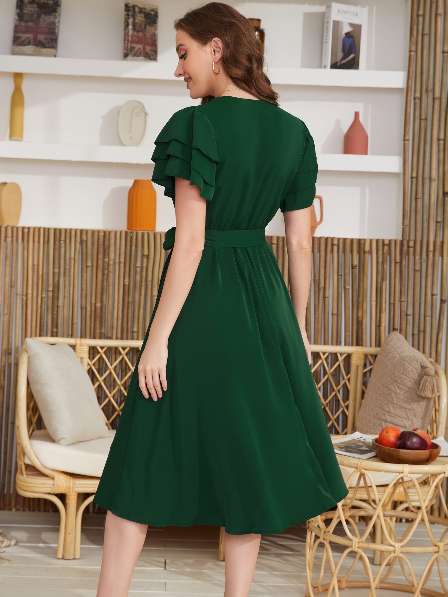 Belted Layered Ruffle Hem Dress, Casual V Neck Short Sleeve Dress, Women's Clothing For Elegant Dressing - NEXTRENDBAHRAIN