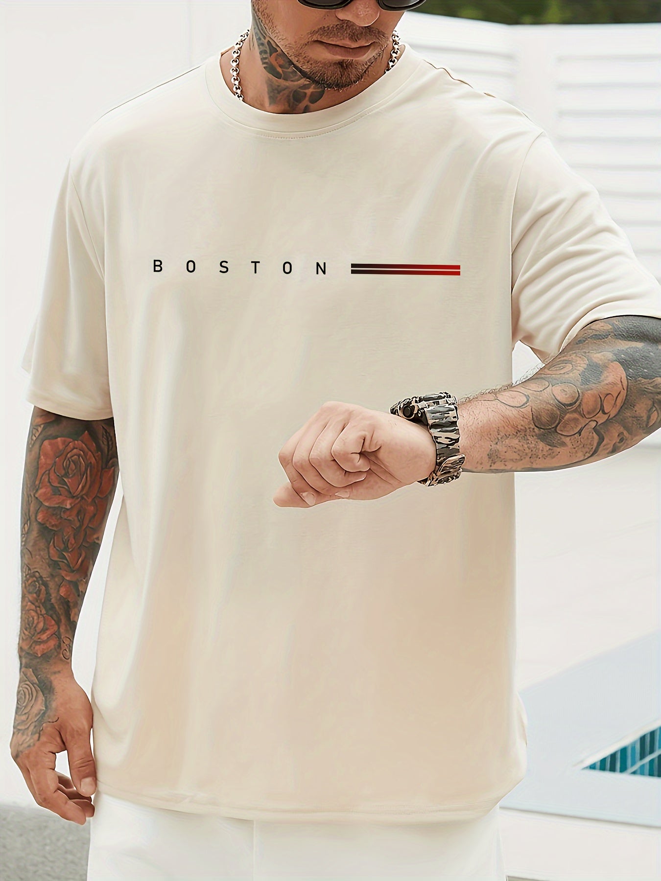 BOSTON And Gradient Color Stripe Pattern Pure Cotton Crew Neck And Short Sleeve T-shirt, Men's Summer Fashion Tee, Classic And Chic Tops For Daily Outerwear - NEXTRENDBAHRAIN