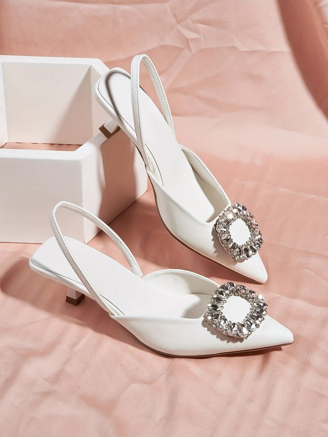 Women's Rhinestone Buckle Decor Stiletto Heels, Fashion Point Toe Dress Pumps, Stylish Ankles Trap Slingback Heels - NEXTRENDBAHRAIN