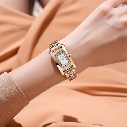 Elegant Golden-Tone Women's Watch - Luxury Retro Rectangle Design with Rhinestone Accents, Stainless Steel Band, Japanese Quartz Movement - NEXTRENDBAHRAIN