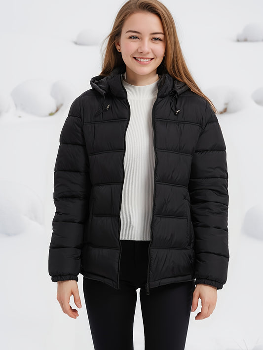 Women's Casual Mid-Length Puffer Coat with Detachable Hood - Quilted, Warm Winter Outerwear with Dual Pockets, Machine Washable NEXTRENDBAHRAIN