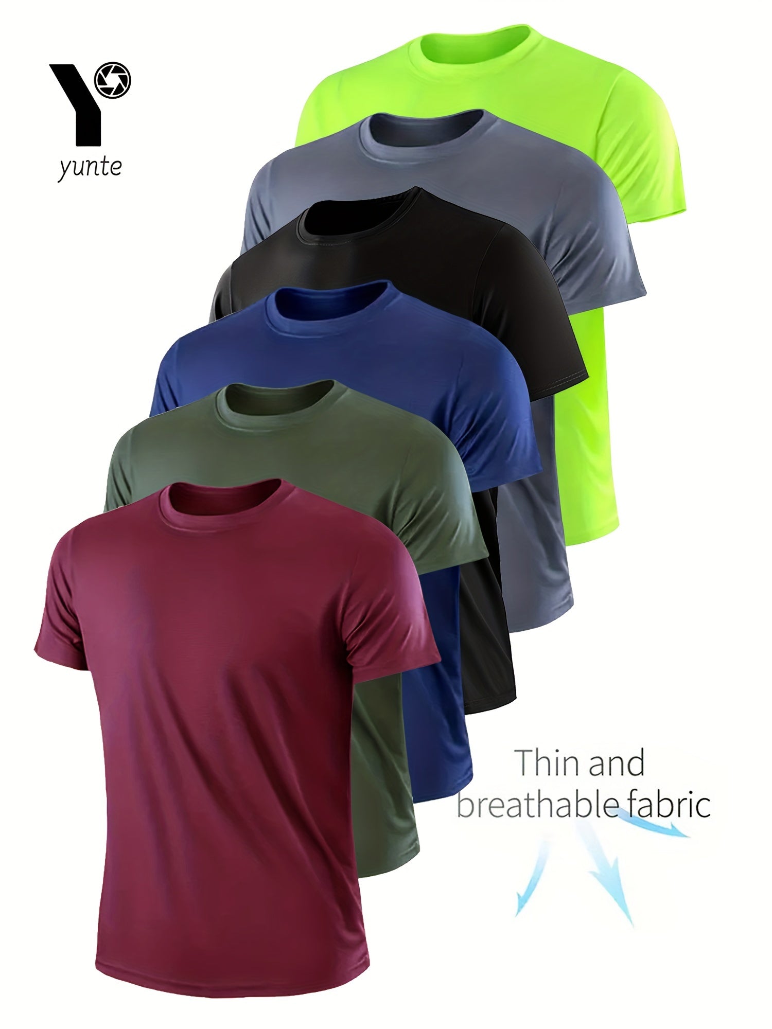 6-Pack Men's Quick-Dry T-Shirts - Yunte Sports Crew Neck Tees, 100% Polyester, Lightweight, Breathable, Moisture-Wicking, Solid Color, Regular Fit, Knit Fabric, Ideal for Gym, Fitness & Running NEXTRENDBAHRAIN