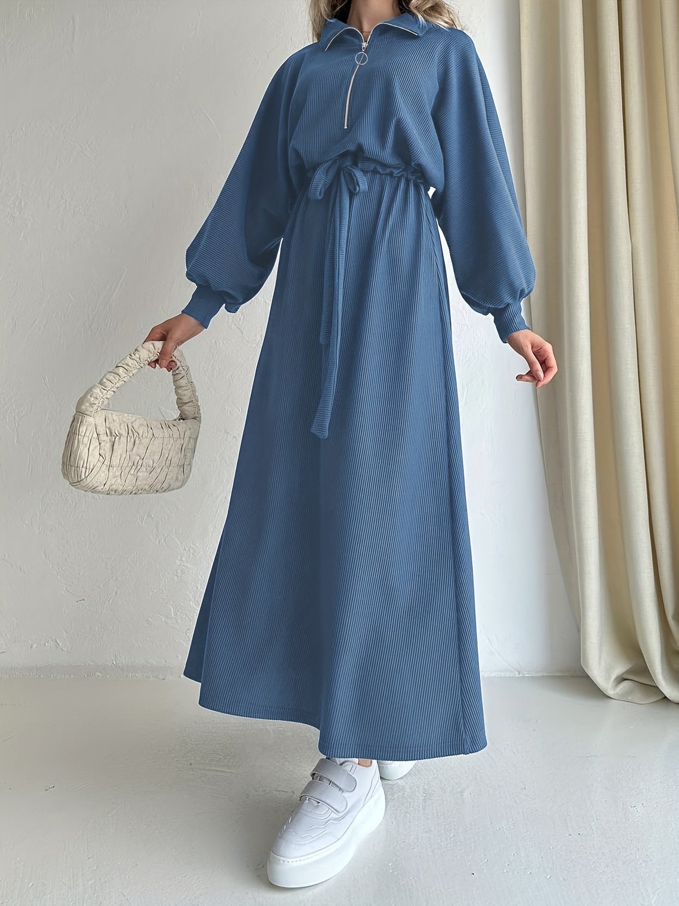 Elegant Abaya Dress: Solid Color, Long Sleeve, Zipper Closure, Knit Fabric, Suitable for All Seasons - Middle Eastern Style - NEXTRENDBAHRAIN