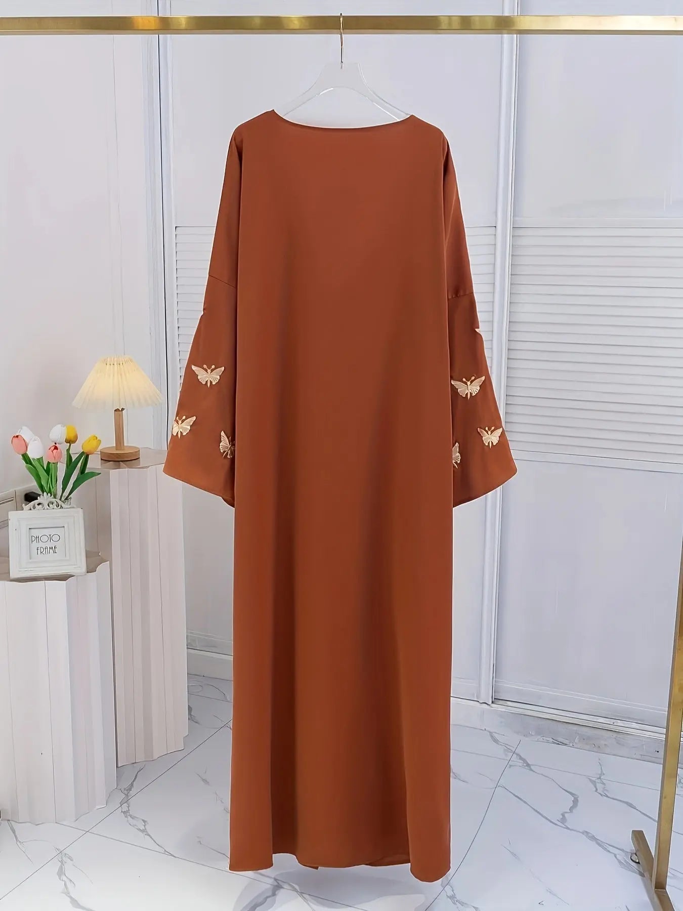 Butterfly Embroidered Long Sleeve Abayas Dress, Elegant V Neck Maxi Length Dress, Women's Clothing NEXTRENDBAHRAIN