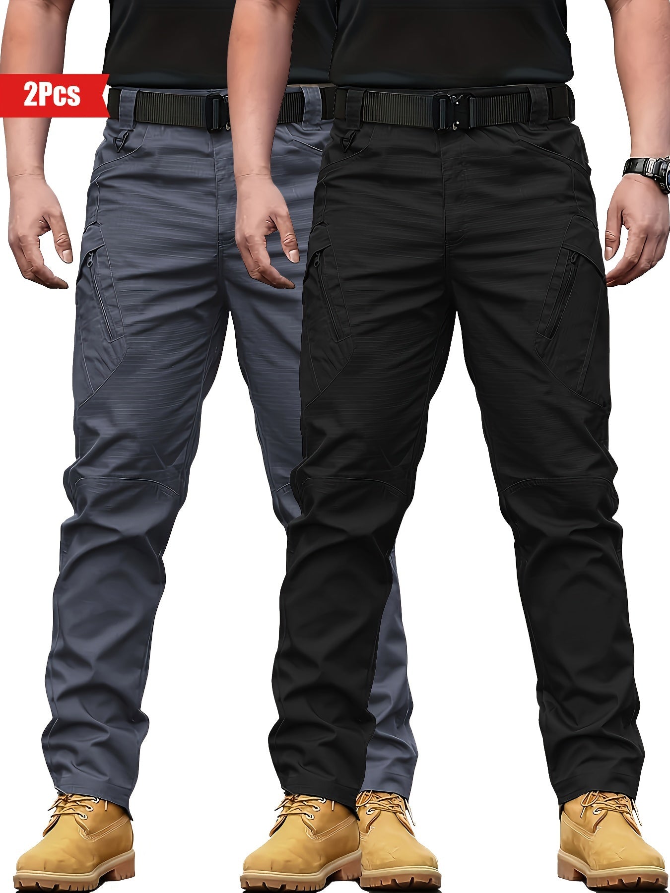 2pcs Men's Tactical Cargo Pants - Water-Resistant, Durable Polyester with Multi-Pocket Design for Outdoor Activities, Perfect for Spring & Fall NEXTRENDBAHRAIN