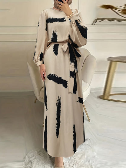 Allover Print Belted Elegant Dress, Long Sleeve Crew Neck Midi Dress For Spring & Fall, Women's Clothing - NEXTRENDBAHRAIN