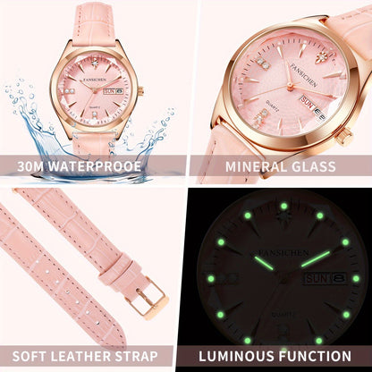 Elegant Women's Watch with Rhinestone Dial - Rose Golden, & Luminous with Calendar Feature, Genuine Faux Leather/Stainless Steel Band - Perfect Gift for Her - NEXTRENDBAHRAIN