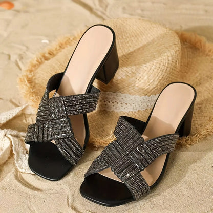 Women's Solid Color Glitter Sandals, Sparkling Rhinestone Slip-On Slides, Versatile Crisscross Bands Chunky Heels - NEXTRENDBAHRAIN