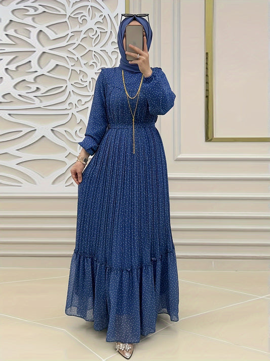 Dot Print Ruffle Hem Modest Dress, Elegant Long Sleeve Pleated Keyhole Back Crew Neck Waist Maxi Dress, Women's Clothing - NEXTRENDBAHRAIN