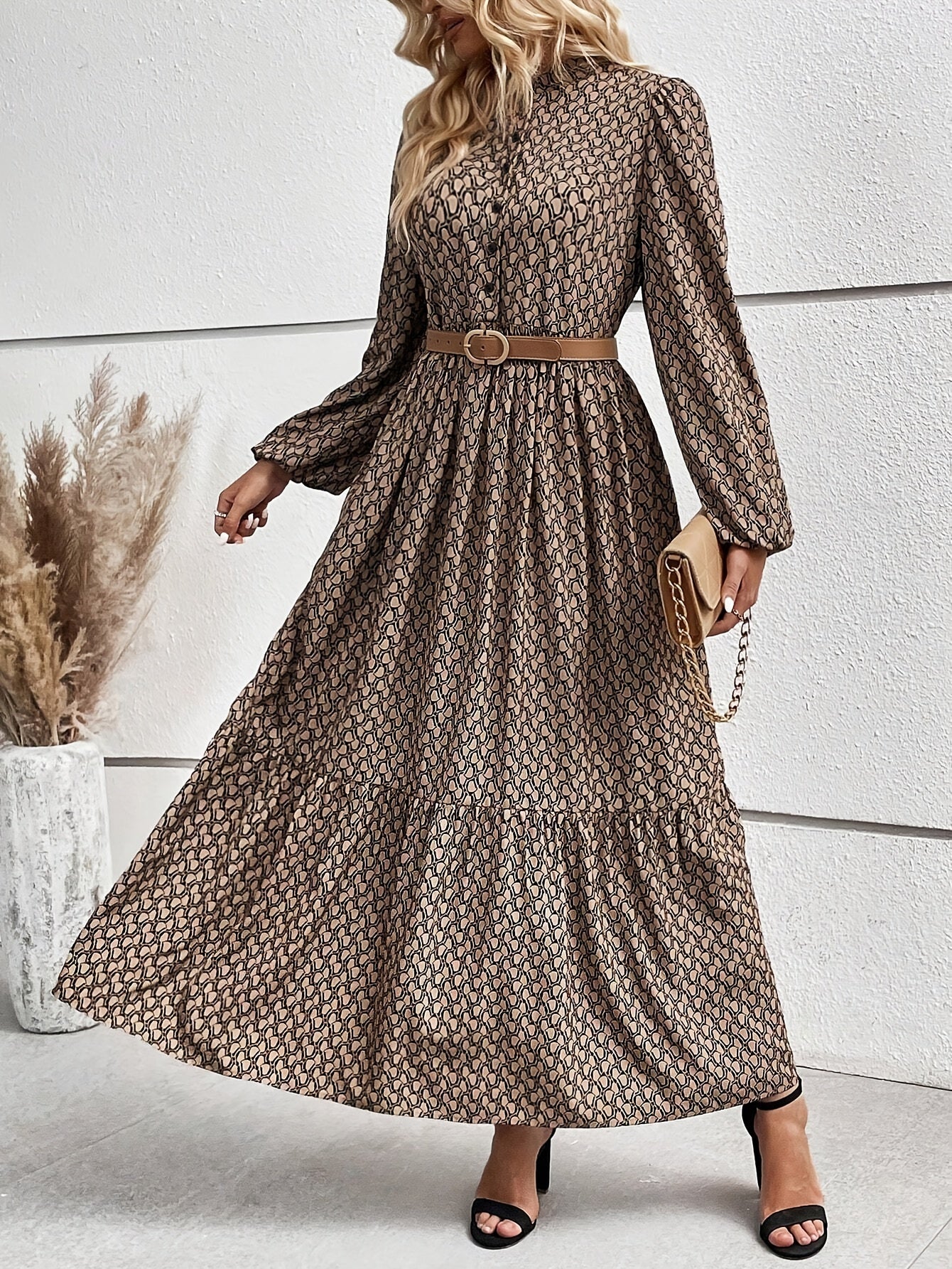 Allover Print Button Front Beltless Dress, Elegant Lantern Sleeve Flowy Dress For Spring & Fall, Women's Clothing - NEXTRENDBAHRAIN