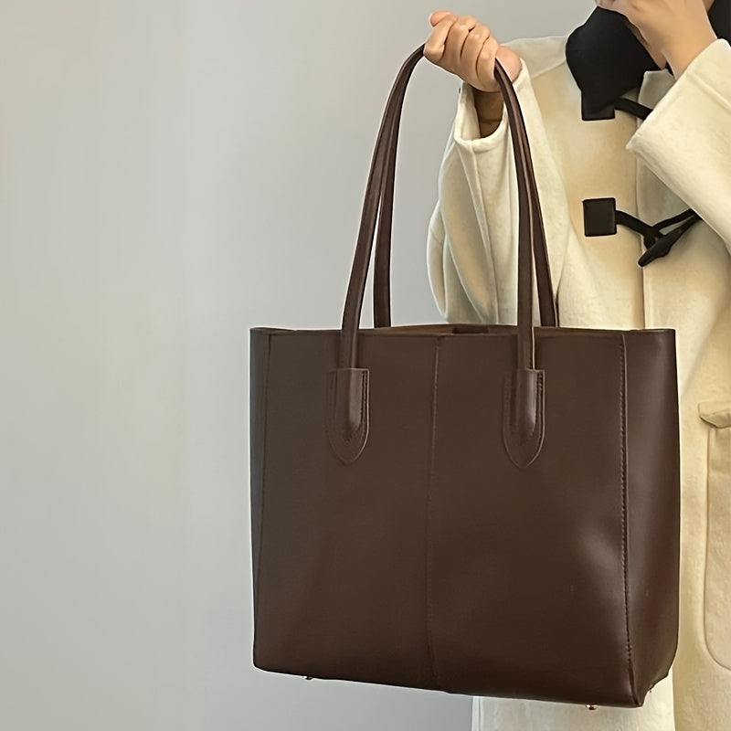 Chic Large Capacity Tote Bag for Women - Vintage Style, Waterproof Faux Leather, Fashionable Shoulder Handbag with Secure Clasp Closure - NEXTRENDBAHRAIN