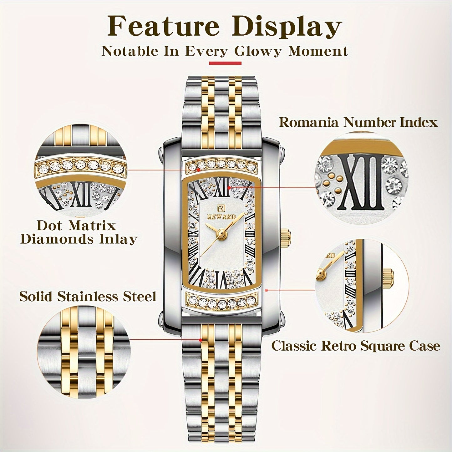 Elegant Golden-Tone Women's Watch - Luxury Retro Rectangle Design with Rhinestone Accents, Stainless Steel Band, Japanese Quartz Movement - NEXTRENDBAHRAIN