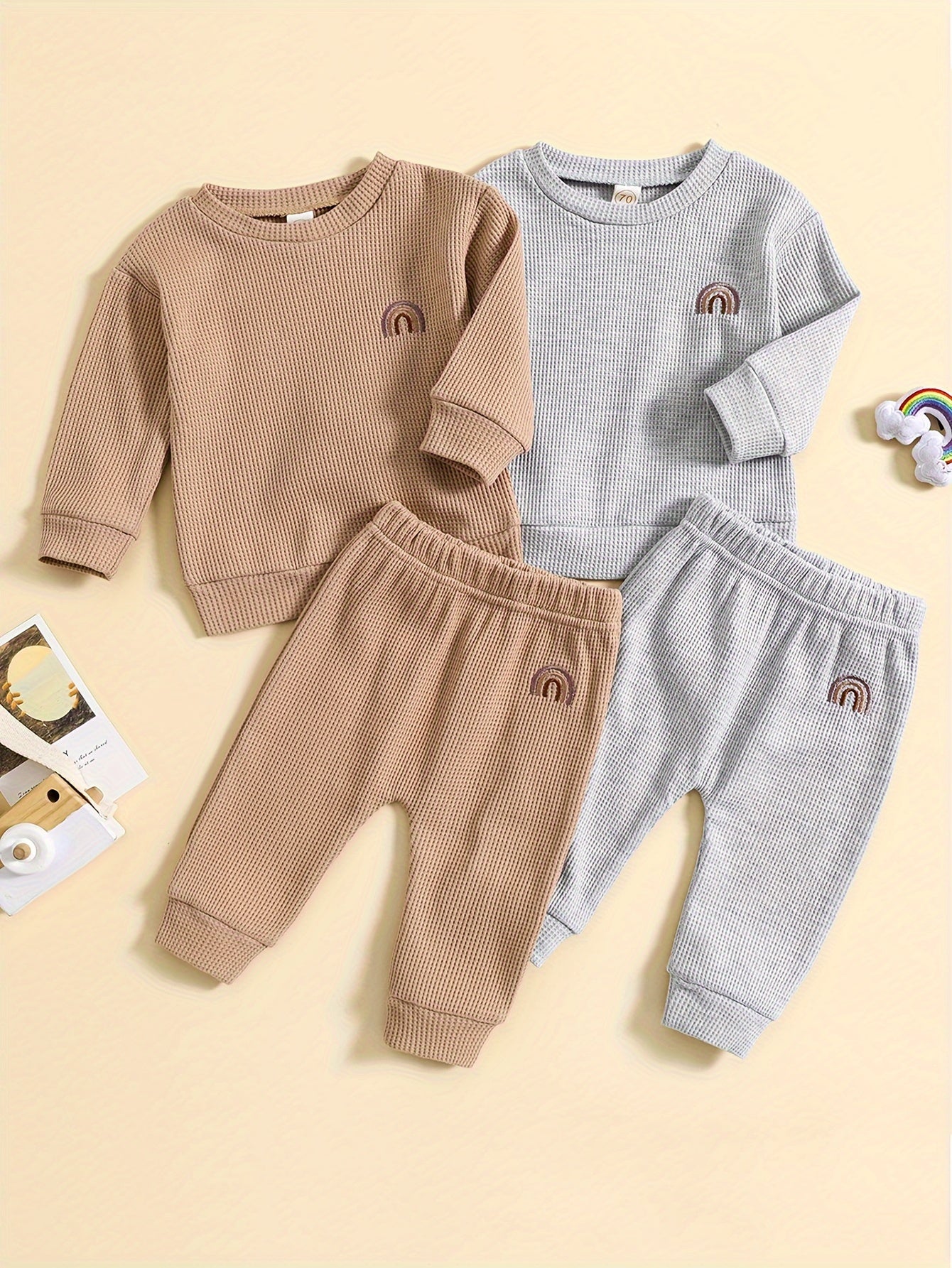 2pcs Baby Boys Rainbow Embroidered Waffle Textured Cotton Set, Sweatshirt & Pants, Baby Boy's Clothing, As Gift - NEXTRENDBAHRAIN