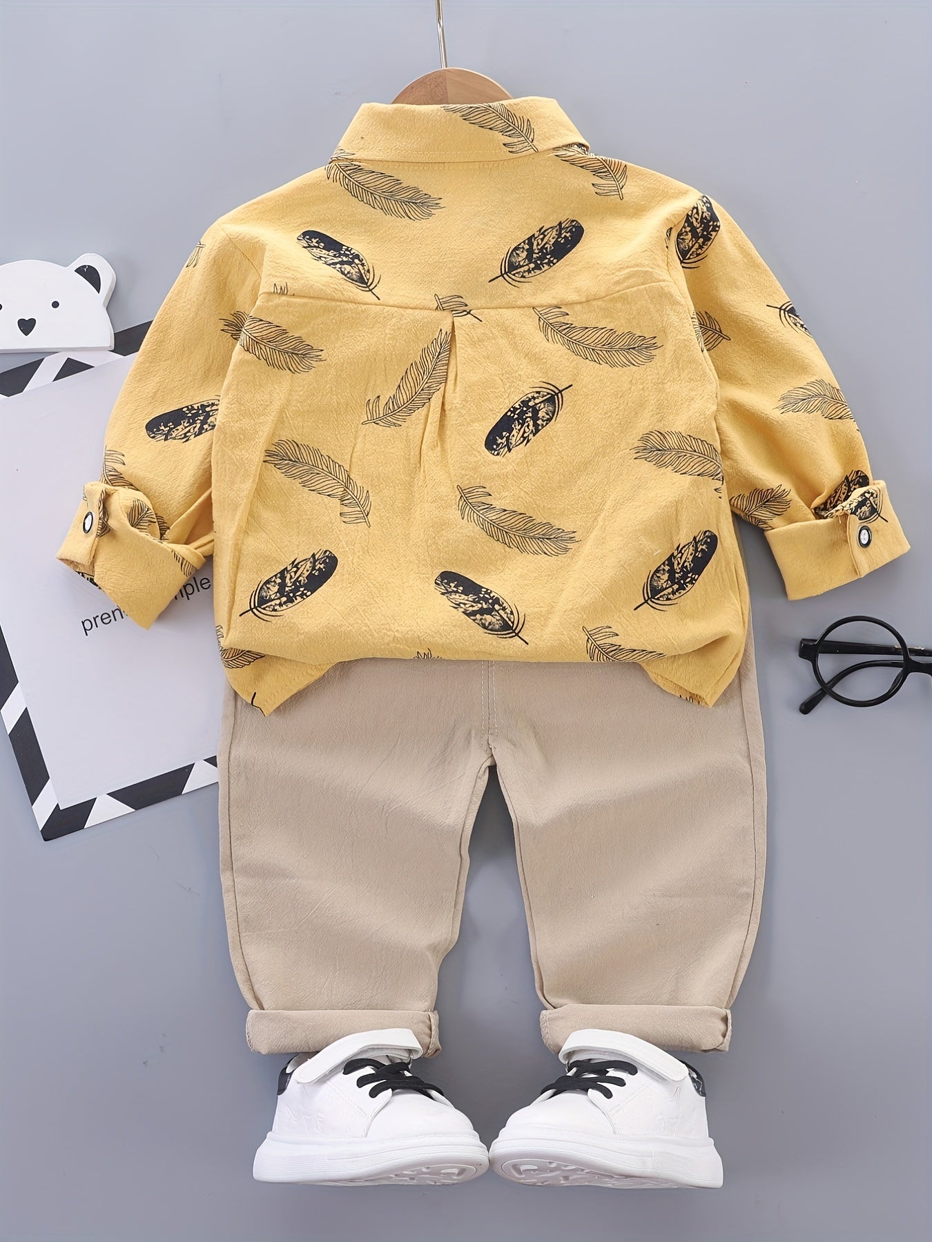 Boys Feather Graphic Patch Pocket Label Long Sleeve Shirt & Trousers Suit, Toddler Baby's Party Casual Clothes - NEXTRENDBAHRAIN