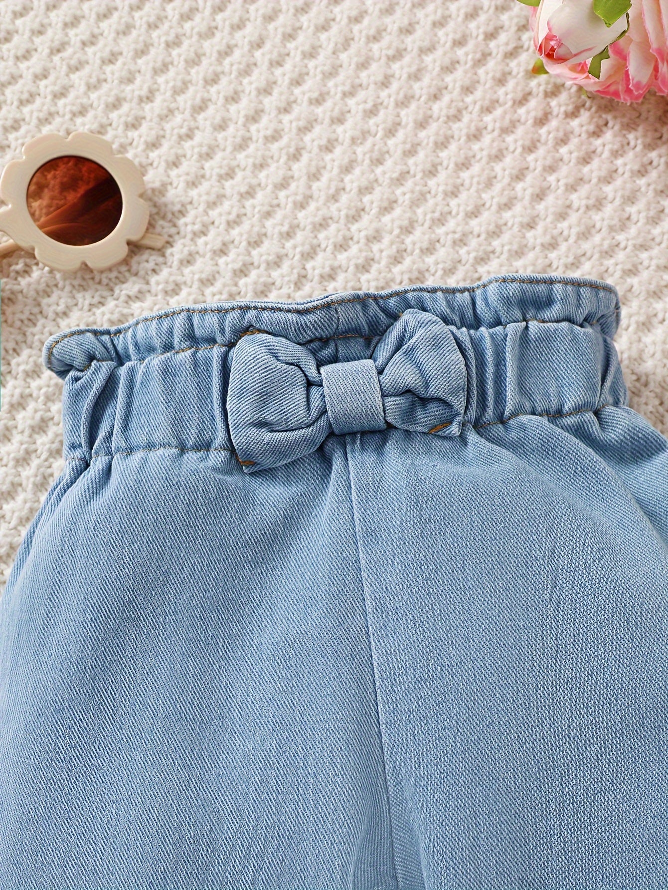 Baby's Casual Bowknot Decor Jeans, Elastic Waist Denim Pants, Toddler & Infant Girl's Clothing - NEXTRENDBAHRAIN