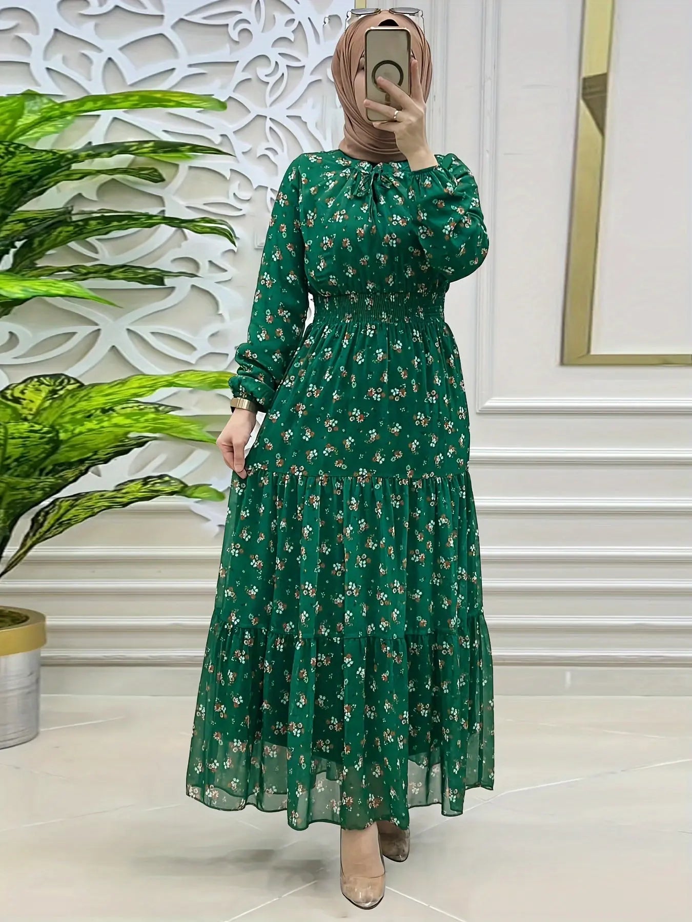 Crew Neck Long Sleeve Abayas Dress, Elegant Shirred Waist Ruffle Hem Maxi Length Dress, Women's Clothing - NEXTRENDBAHRAIN