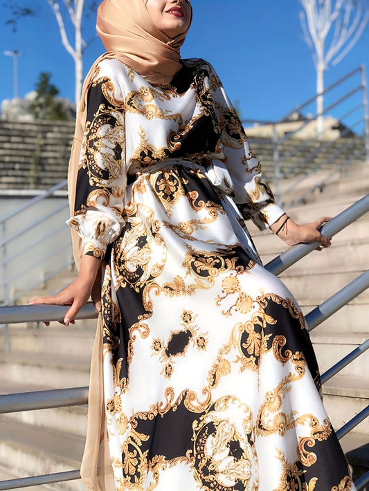 Baroque Floral Print Dress, Boho Crew Neck Lantern Sleeve Dress, Women's Clothing - NEXTRENDBAHRAIN