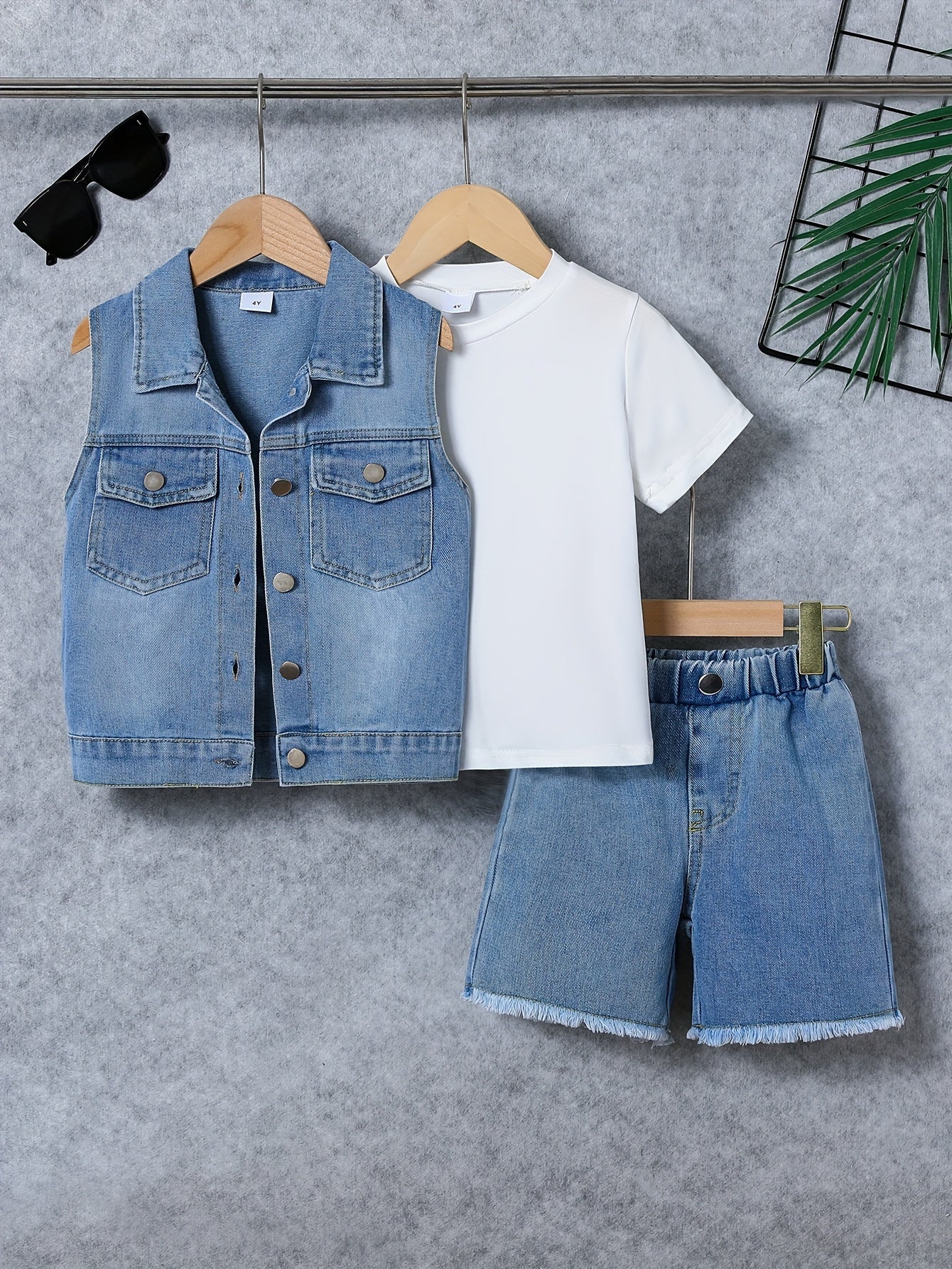 3Pcs Boy's Casual Solid White Short Sleeve T-shirt & Vintage Denim Lapel Sleeveless Vest & Denim Shorts Set, Comfy Summer Boys Clothing - NEXTRENDBAHRAIN