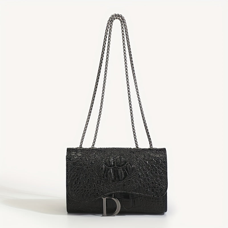 Women's Luxury Handbag, Elegant Crocodile Pattern Square Flap Chain Bag For Daily Use - NEXTRENDBAHRAIN