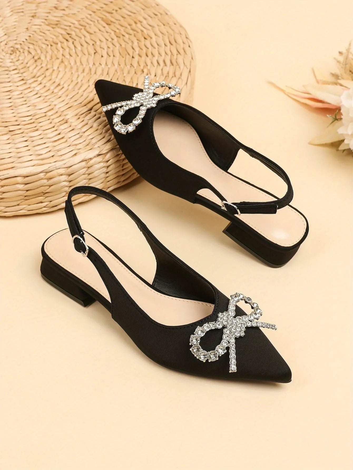 Women's Rhinestone Bow Low Heels, Trendy Pointed Toe Slip On Slingback Sandals, Elegant Evening Flat Shoes - NEXTRENDBAHRAIN