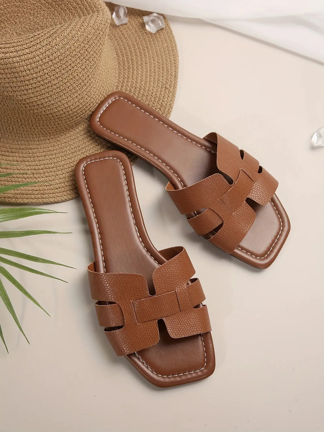 Women's Solid Color Slide Sandals, Casual Square Toe Flat Summer Shoes, Lightweight Slide Sandals - NEXTRENDBAHRAIN