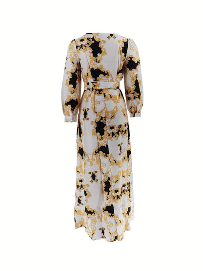 Baroque Floral Print Dress, Boho Crew Neck Lantern Sleeve Dress, Women's Clothing - NEXTRENDBAHRAIN