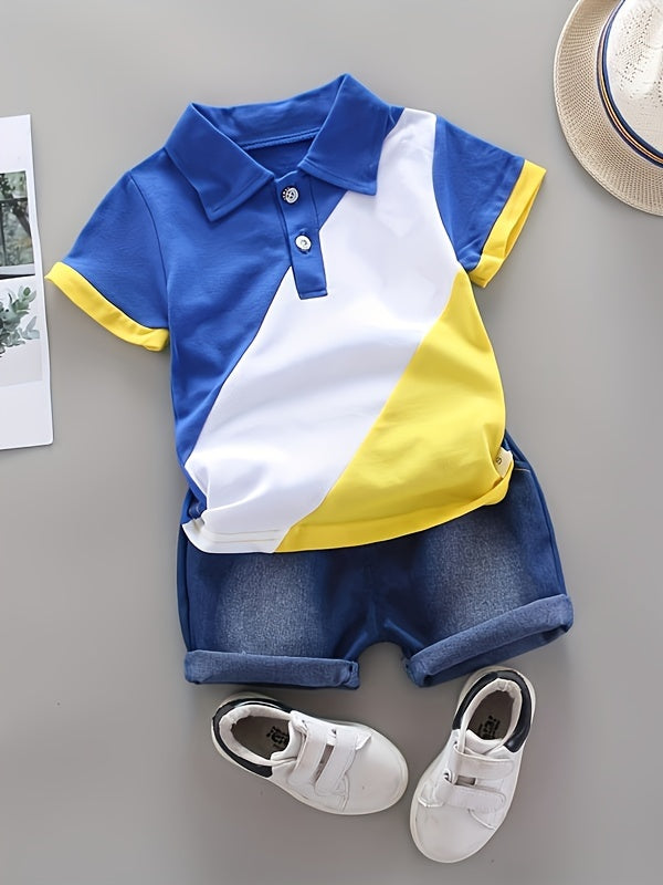 2pcs Baby Boy's Casual Cotton Summer Set, Color Block Short Sleeve Top & Shorts, Baby Boy's Clothes - NEXTRENDBAHRAIN