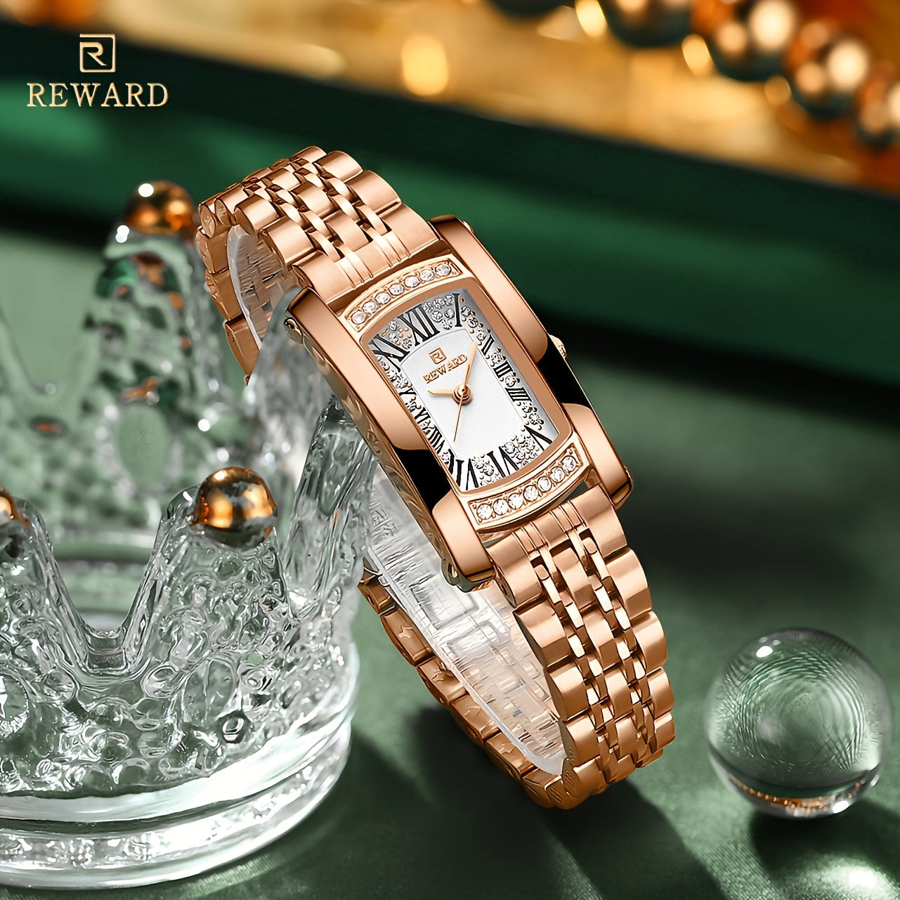 Elegant Golden-Tone Women's Watch - Luxury Retro Rectangle Design with Rhinestone Accents, Stainless Steel Band, Japanese Quartz Movement - NEXTRENDBAHRAIN