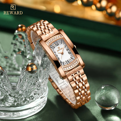 Elegant Golden-Tone Women's Watch - Luxury Retro Rectangle Design with Rhinestone Accents, Stainless Steel Band, Japanese Quartz Movement - NEXTRENDBAHRAIN