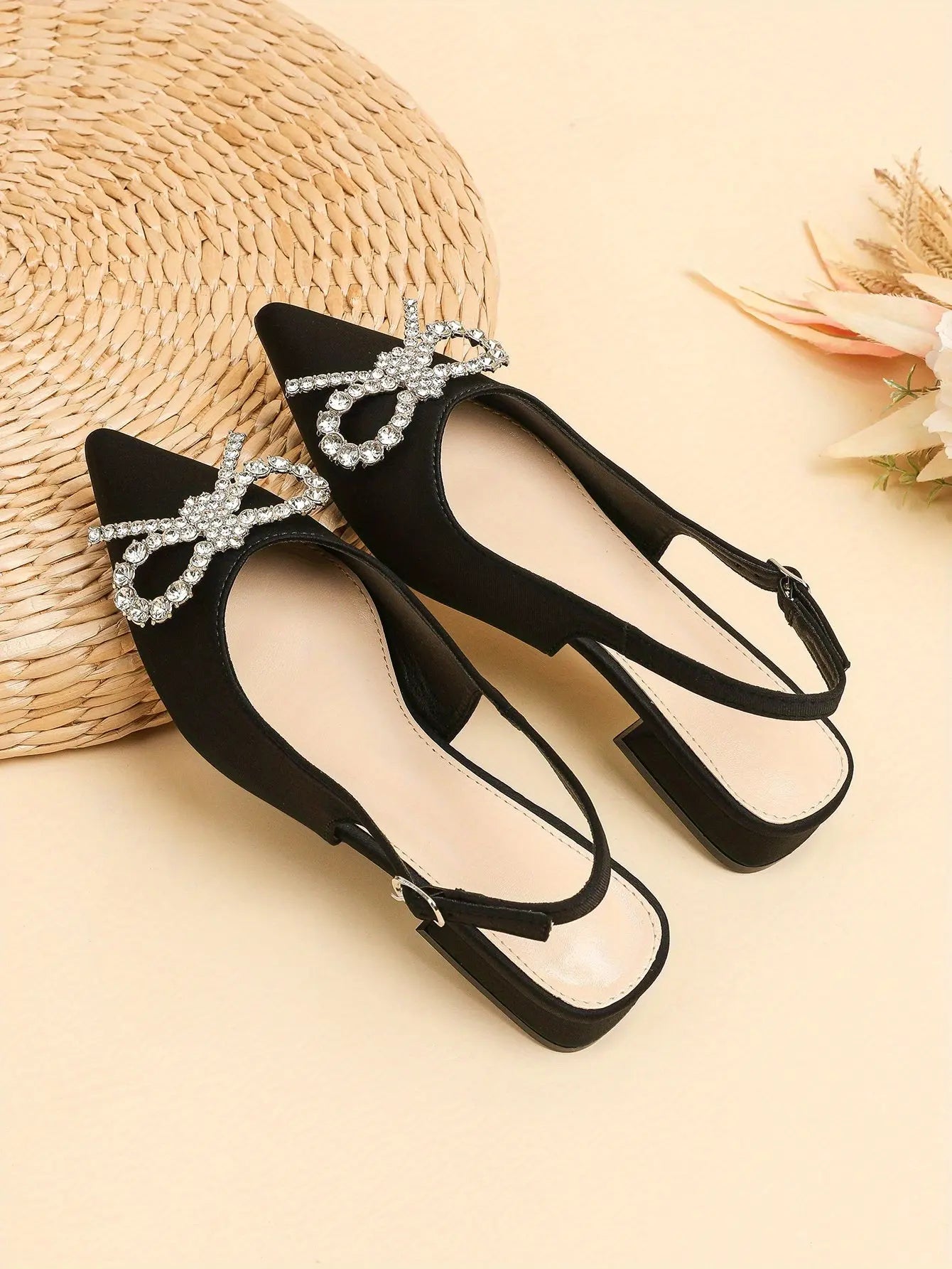 Women's Rhinestone Bow Low Heels, Trendy Pointed Toe Slip On Slingback Sandals, Elegant Evening Flat Shoes - NEXTRENDBAHRAIN