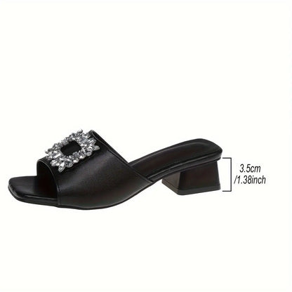 Women's Rhinestone Buckle Decor Chunky Heel Sandals, Fashion Square Open Toe Dress Pumps, Stylish Slip On Heels - NEXTRENDBAHRAIN