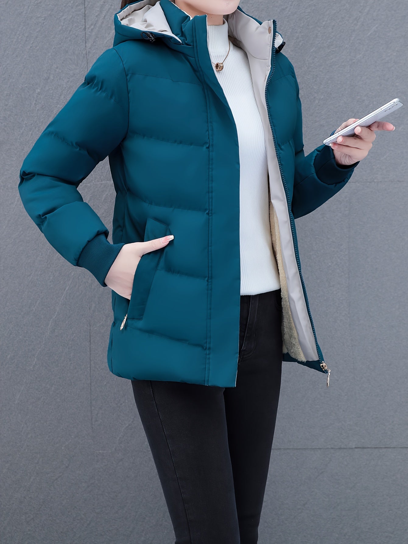 Women'S Puffer Coat, Autumn/Winter Warm Thickened Cotton Jacket, Hooded Sports Style, Solid Color, Zippered, Non-Stretch Fabric, Outdoor Casual Jacket, Polyester (Poly) Material, Woven Knit NEXTRENDBAHRAIN