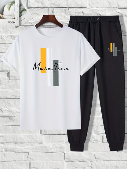 Color Blocks Print, Men's 2 Pieces Outfits, Short Sleeve T-Shirt And Drawstring Trousers Set - NEXTRENDBAHRAIN