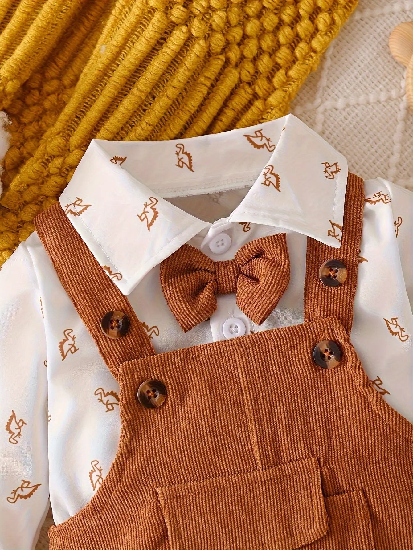 Boy'S Corduroy Overalls with Dinosaur Print Shirt And Bow Tie - Fall/Winter Collection - NEXTRENDBAHRAIN