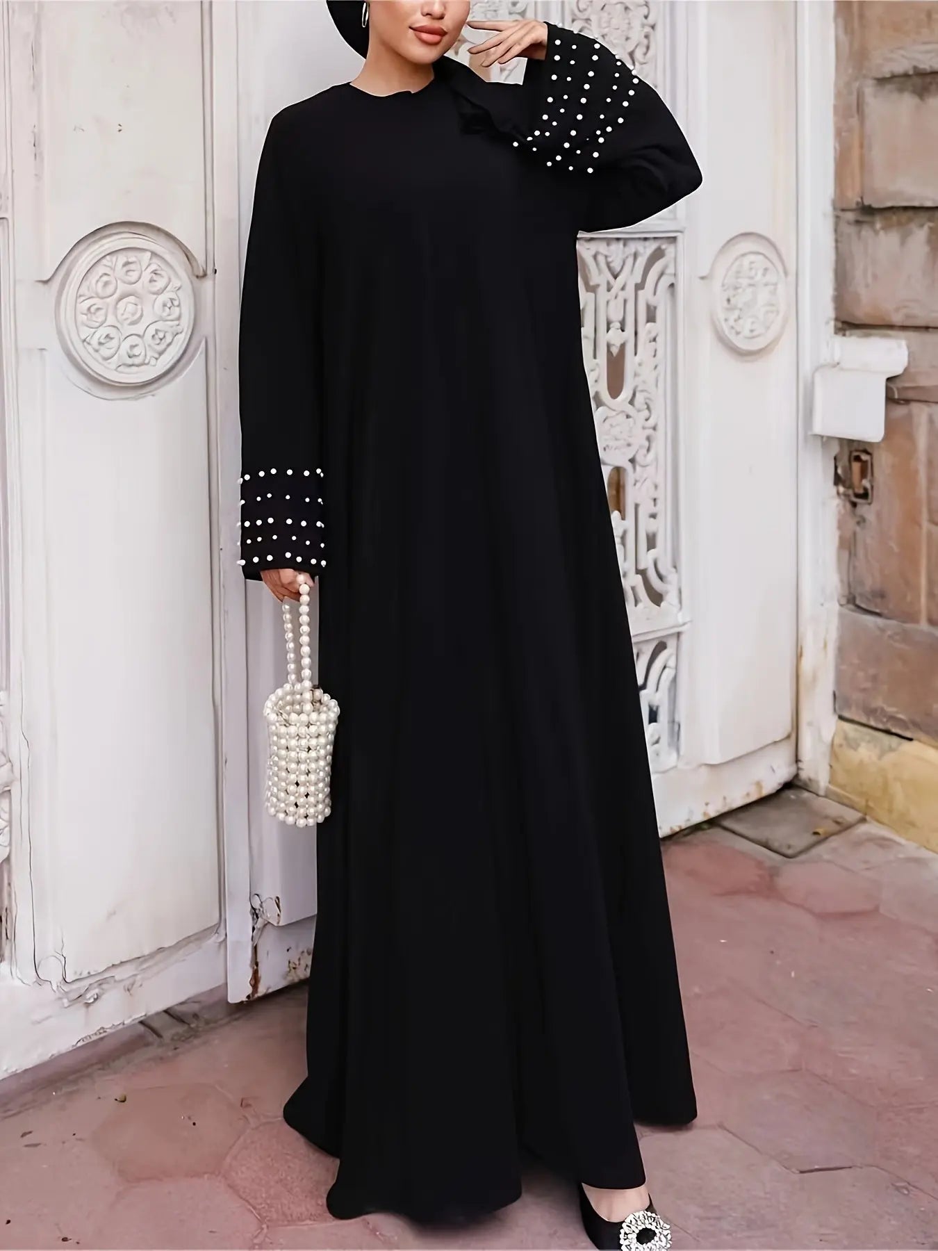 Beaded Crew Neck Long Sleeve Abayas Dress, Elegant Maxi Length Dress, Women's Clothing NEXTRENDBAHRAIN