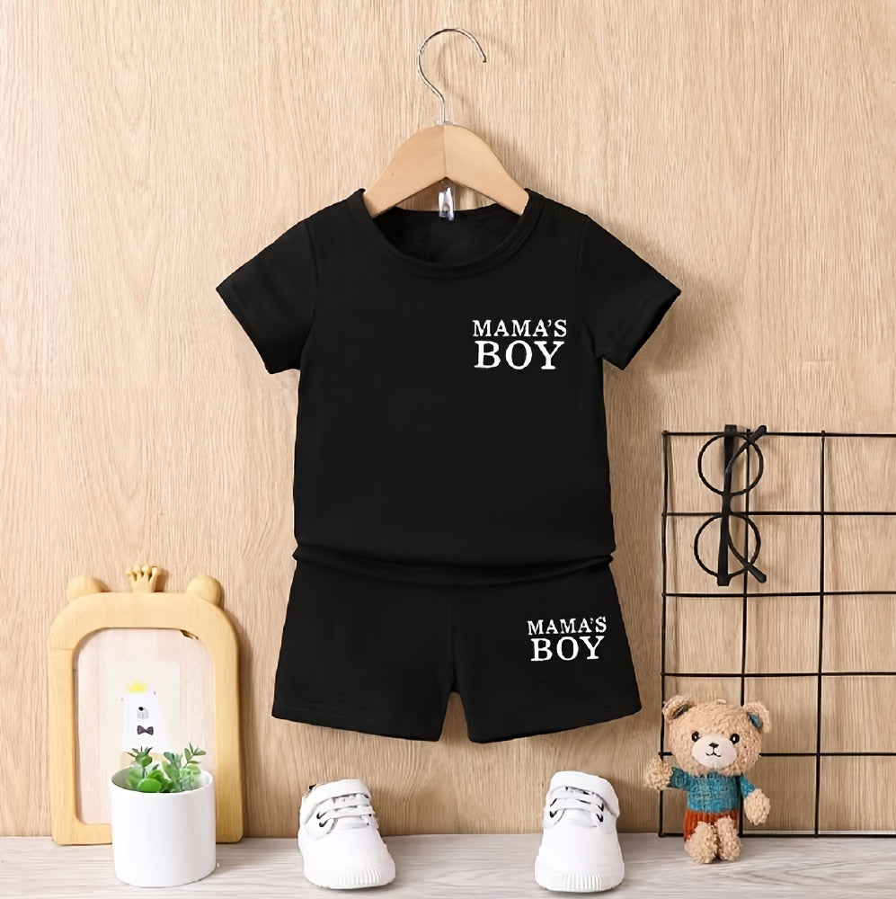 2pcs Baby Boy's Casual Crew Neck Short Sleeve "Mama's Boy" Print T-shirt & Shorts Set, Baby Kid's Clothes For Summer - NEXTRENDBAHRAIN