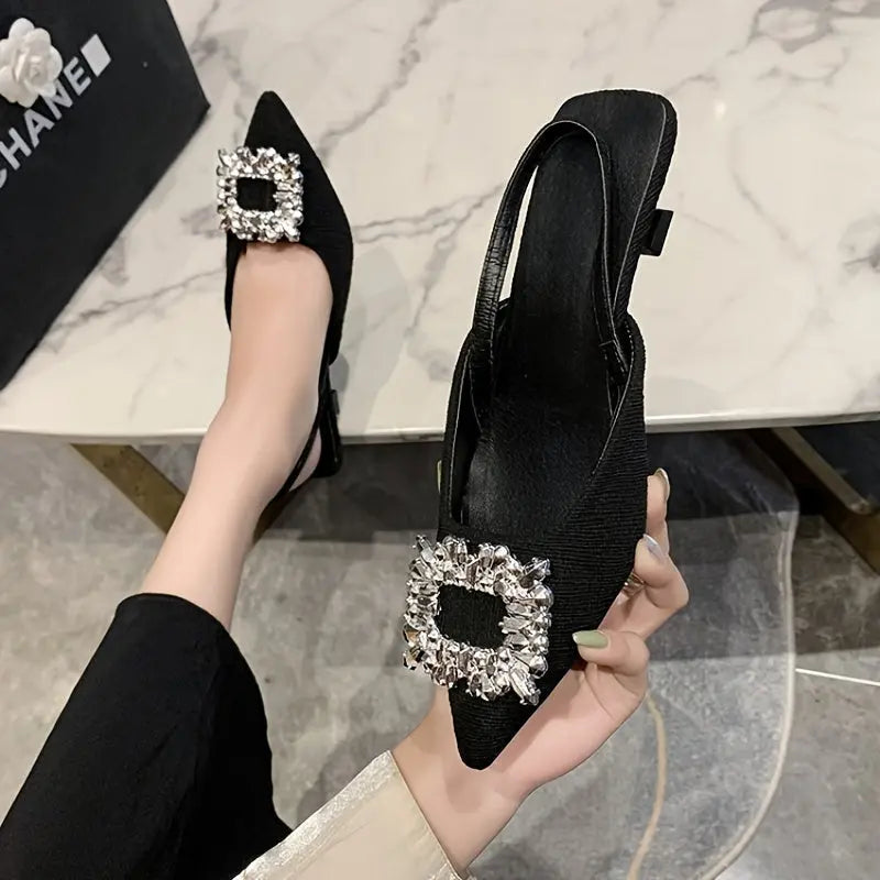 Women's Rhinestone Buckle Decor Low Heel Sandals, Fashion Point Toe Dress Pumps, Stylish Ankle Strap Slingback Heels - NEXTRENDBAHRAIN