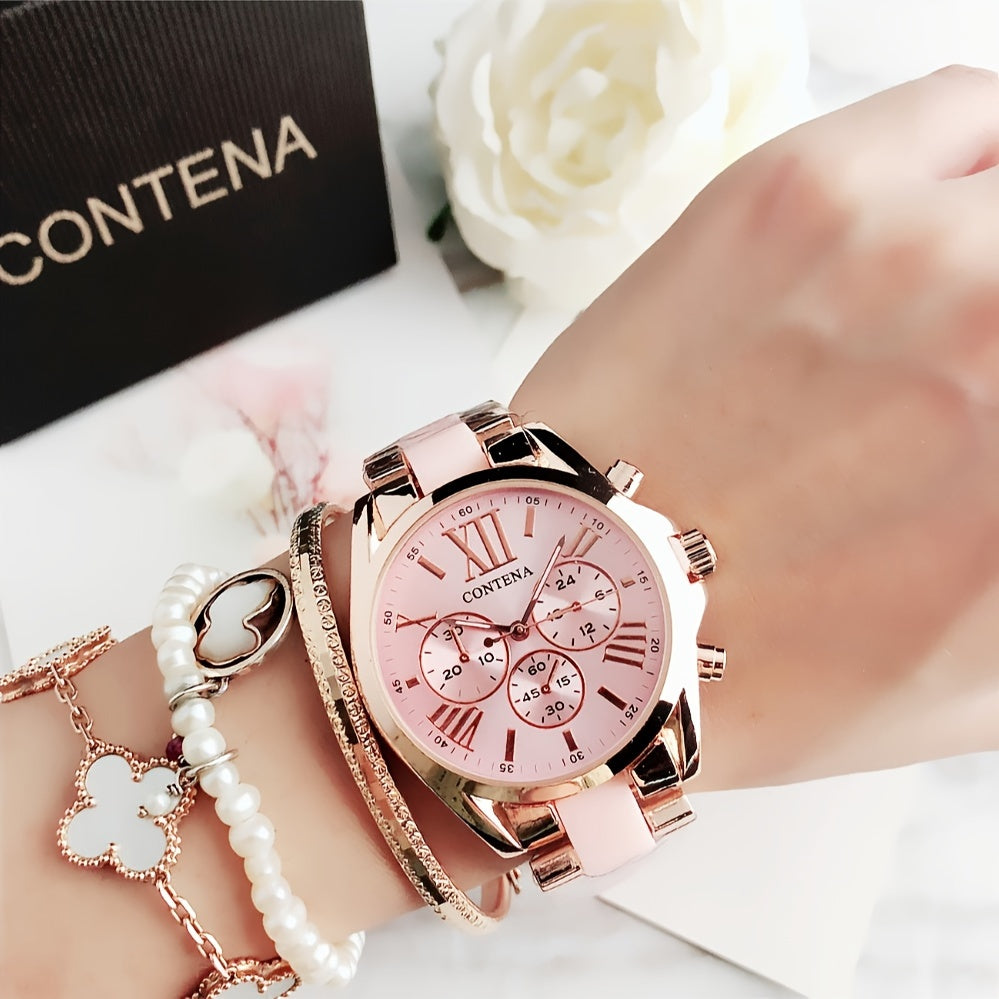 1pc Matching Contena Luxury Rose Golden Quartz Watches, Women's Fashion Wristwatch Set With Roman Numerals, Elegant Female Timepieces For Daily Life And Travel (Watch Only) - NEXTRENDBAHRAIN