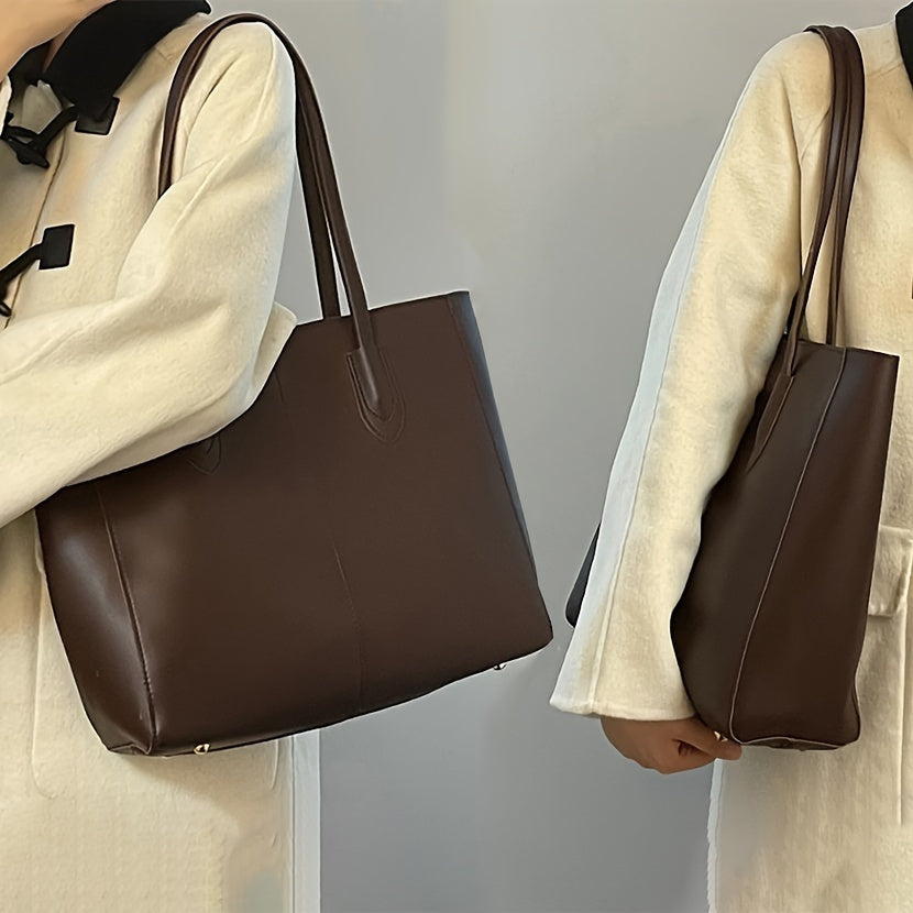 Chic Large Capacity Tote Bag for Women - Vintage Style, Waterproof Faux Leather, Fashionable Shoulder Handbag with Secure Clasp Closure - NEXTRENDBAHRAIN