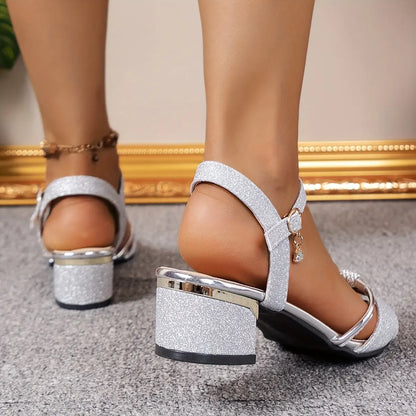 Women's Solid Color Elegant Sandals, Ankle Buckle Strap Rhinestone Beaded Chunky Heels, Versatile Slingback Dressy Shoes - NEXTRENDBAHRAIN