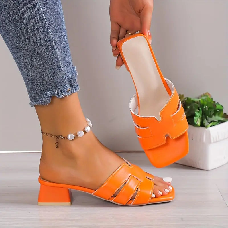 Women's Solid Color Trendy Sandals, Slip On Comfy Chunky Heel Slides Shoes, Versatile Square Toe Shoes - NEXTRENDBAHRAIN