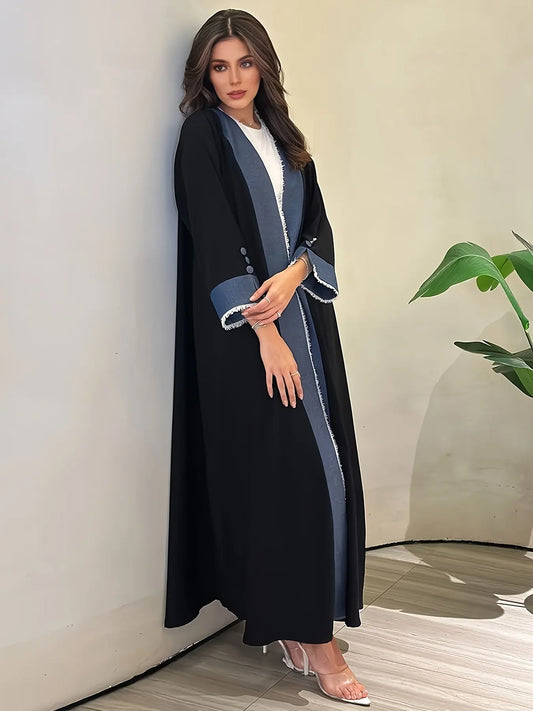 Elegant Abaya with Color Block Design and Fringe Details - Women's Traditional Middle Eastern Clothing - Spring/Autumn Season - Long Sleeve - Polyester Blend NEXTRENDBAHRAIN