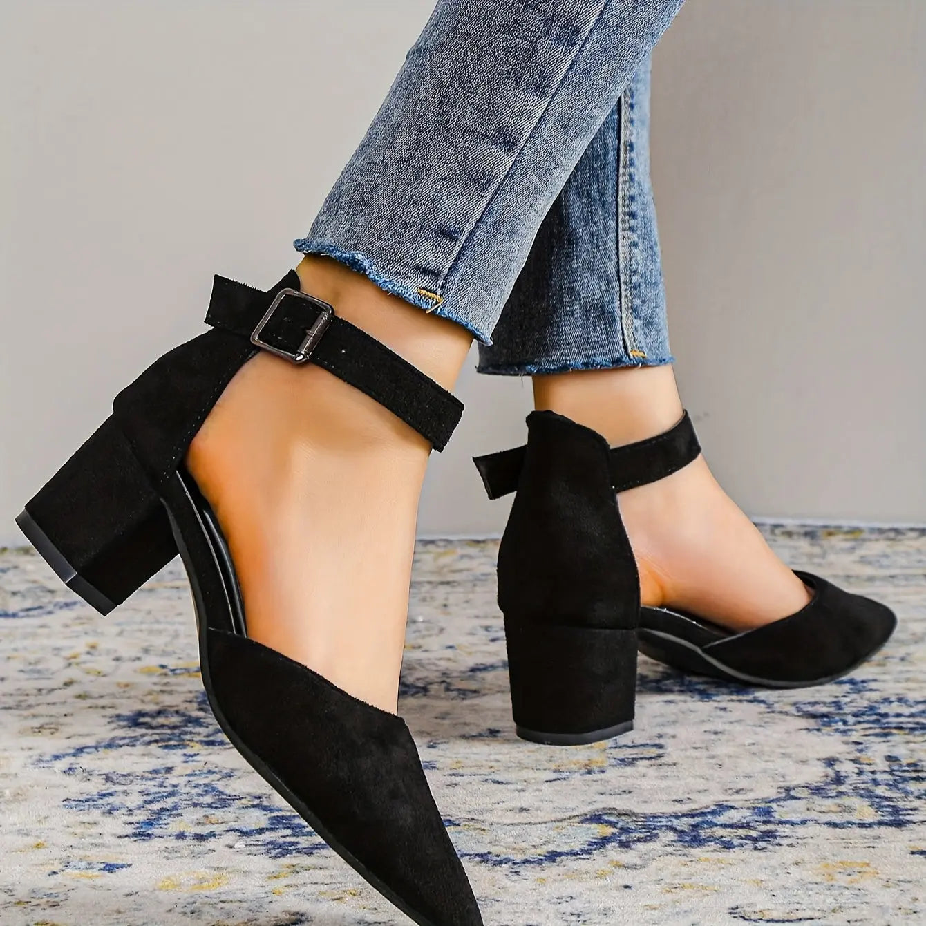 Women's Block Heel Ankle Strap Sandals, Solid Color Pointed Toe Low Heels, Versatile Dress Shoes - NEXTRENDBAHRAIN