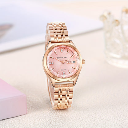 Elegant Women's Watch with Rhinestone Dial - Rose Golden, & Luminous with Calendar Feature, Genuine Faux Leather/Stainless Steel Band - Perfect Gift for Her - NEXTRENDBAHRAIN