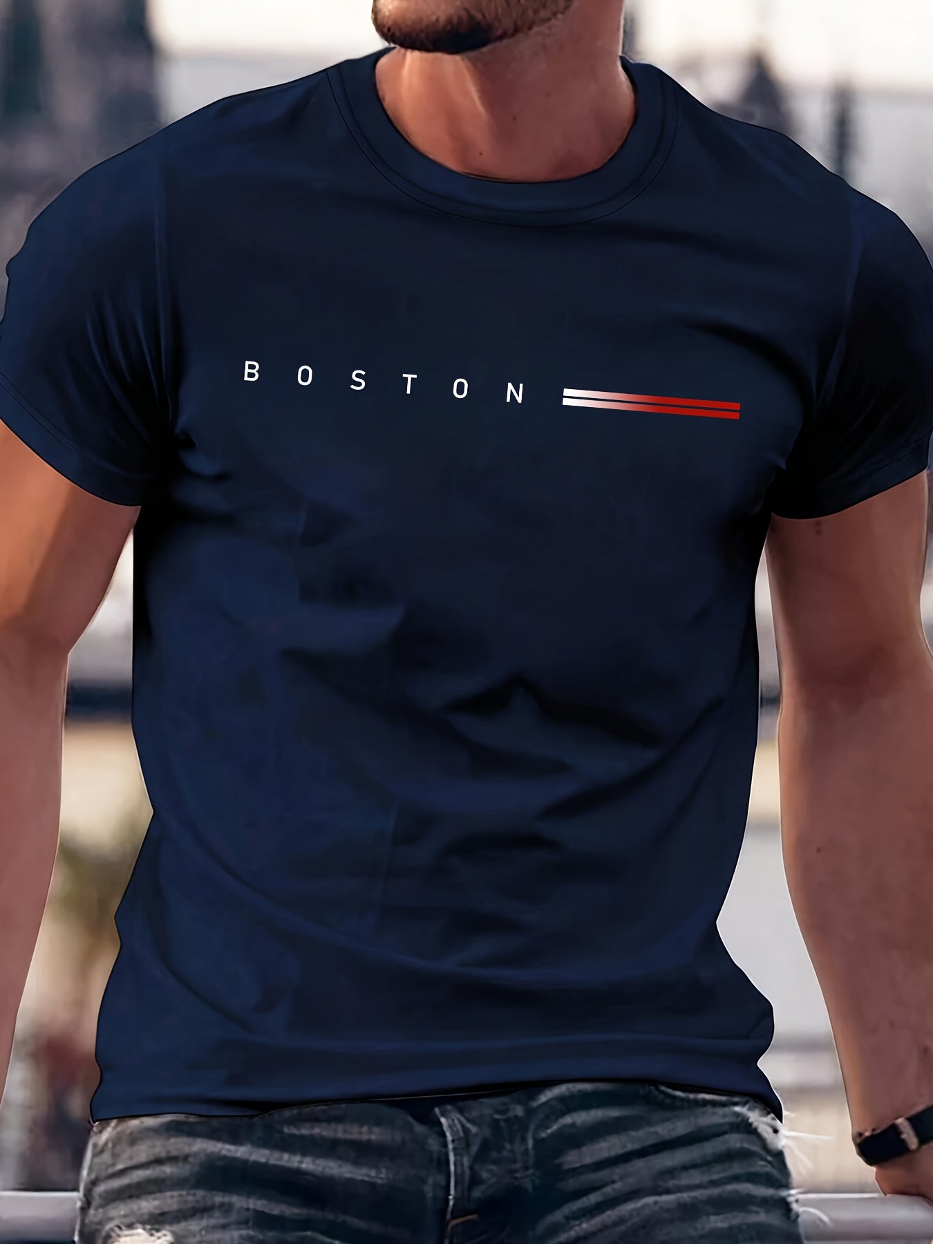 BOSTON And Gradient Color Stripe Pattern Pure Cotton Crew Neck And Short Sleeve T-shirt, Men's Summer Fashion Tee, Classic And Chic Tops For Daily Outerwear - NEXTRENDBAHRAIN