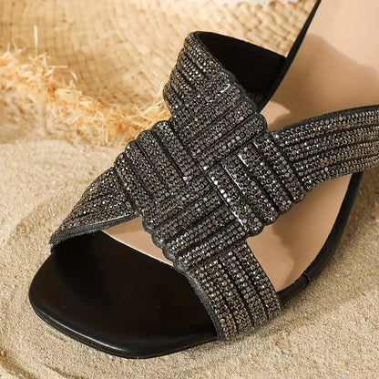 Women's Solid Color Glitter Sandals, Sparkling Rhinestone Slip-On Slides, Versatile Crisscross Bands Chunky Heels - NEXTRENDBAHRAIN